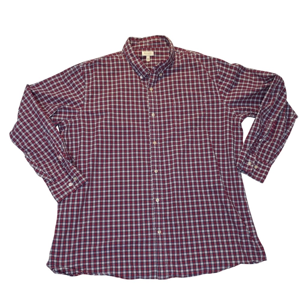 Sonoma Life + Style Red Blue Plaid Button Down Shirt Men's XXL‎